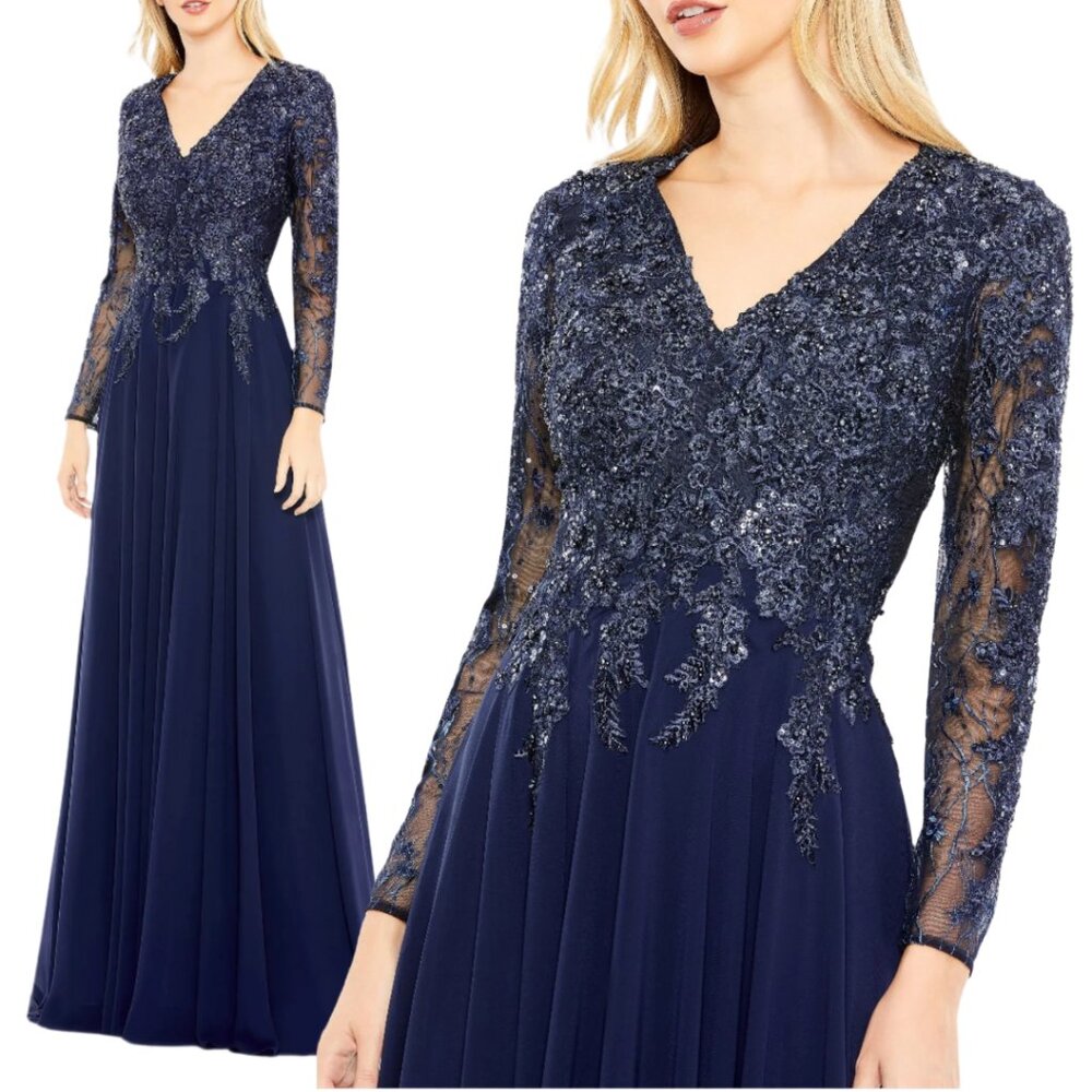 Mac Duggal 20388 Size 10 Navy Blue Embellished VNeck Long Sleeve Gown Maxi Dress